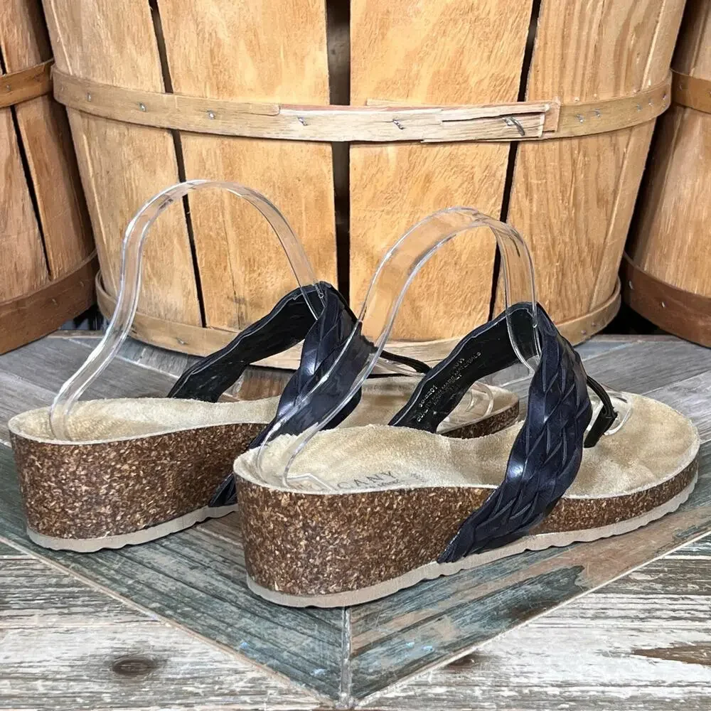 Tuscany by Easy Street Bene Wedge Cork Black Leather Thong Sandals Women 10 WIDE